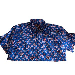 DIXXON Blue and Red Star Pattern Casual Button Down Shirt